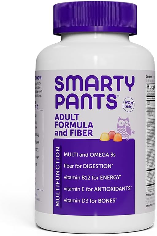 SmartyPants Men's & Women's Fiber & Multivitamin Supplement: Multivitamin Gummies with Vitamin D3, C, B12, B6, A, K & Zinc, Omega 3 (EPA/DHA), Biotin, 180 Count (30 Day Supply)