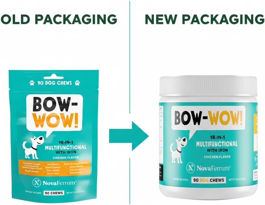 NovaFerrum Bow Wow | Suplemento multifuncional 18 en 1 con hierro para perros | Apoyo sanguíneo para anemia | Glucosamina | Probióticos | Antioxidantes | Sabor a pollo | 90 masticables