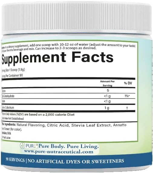 PURE® Grass-Fed Colostrum Powder - 90 Servicios - 1000mg de Colostro Bovino por Cazo