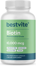 BESTVITE Biotina 10,000mcg (240 Cápsulas Vegetarianas) - Sin Estearatos - Sin Fosfato Dicálcico - Vegano - No GMO - Sin Gluten