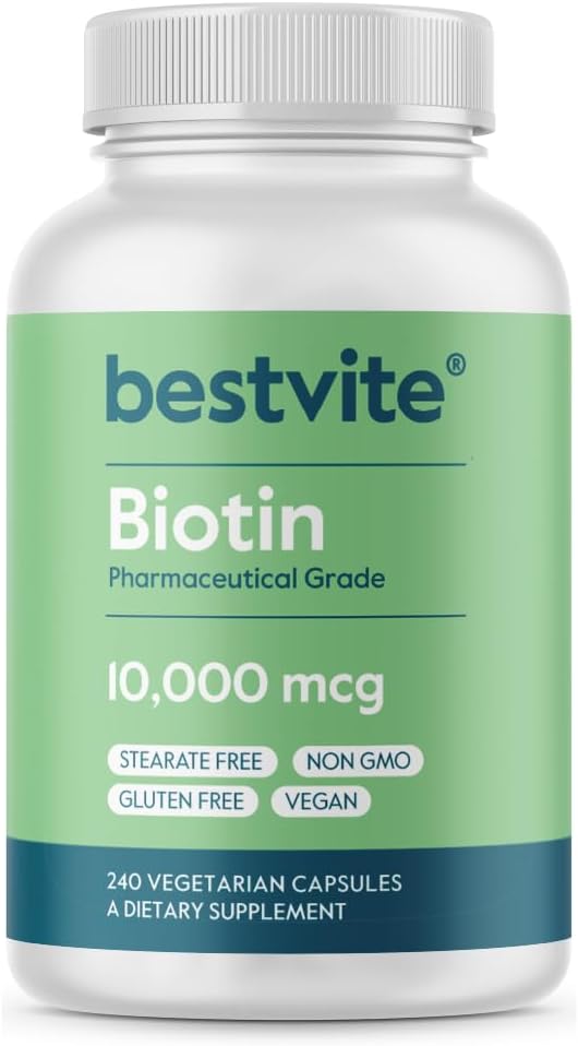 BESTVITE Biotina 10,000mcg (240 Cápsulas Vegetarianas) - Sin Estearatos - Sin Fosfato Dicálcico - Vegano - No GMO - Sin Gluten