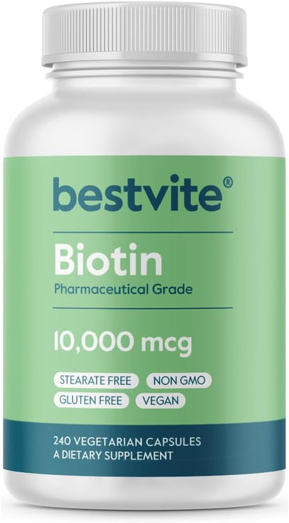 BESTVITE Biotina 10,000mcg (240 Cápsulas – Contribuye al metabolismo energético normal: La biotina ayuda a liberar – Image 1
