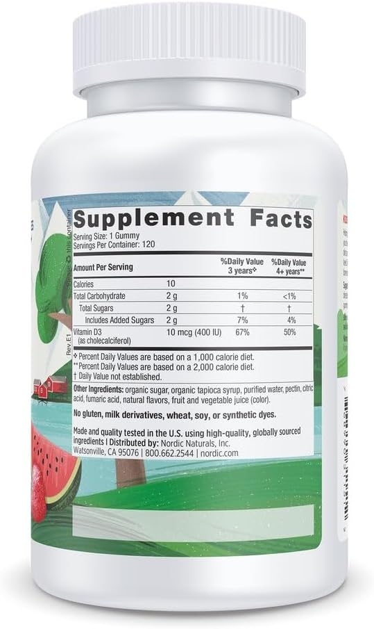 Nordic Naturals Vitamin D3 Gummies Kids - 120 Gomitas - 400 UI de Vitamina D3 - Sabor Sandía Salvaje