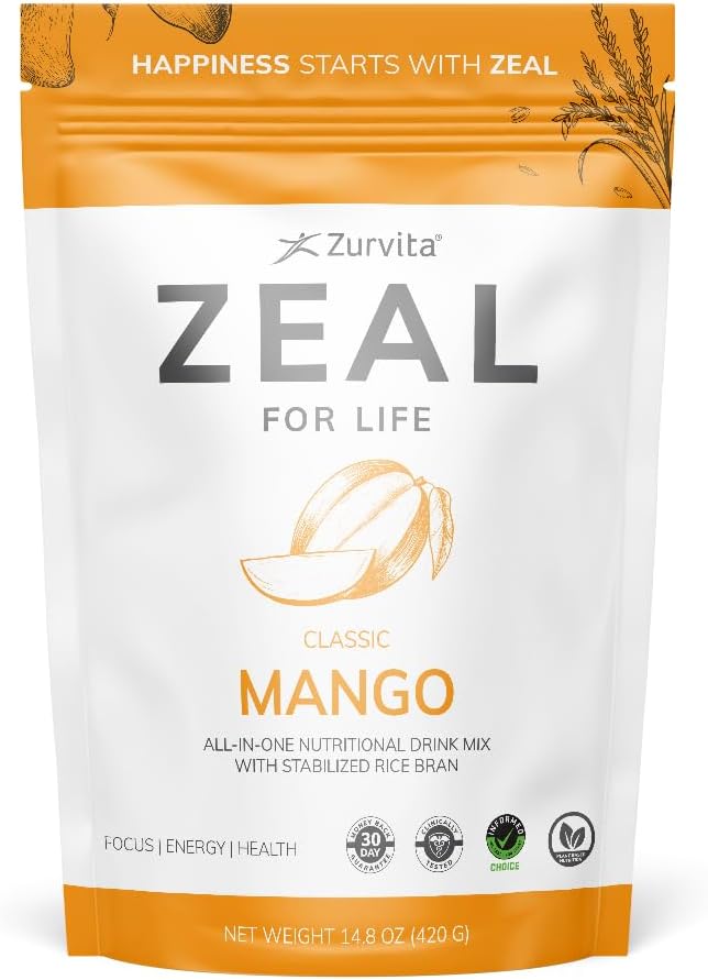 Zurvita Zeal for Life Wellness Drink Mix - Sabor Mango - Sin Gluten, Vegano, con Biotina, Vitaminas B12, C, D, E, Hierro, Magnesio - 30 Porciones (420g)