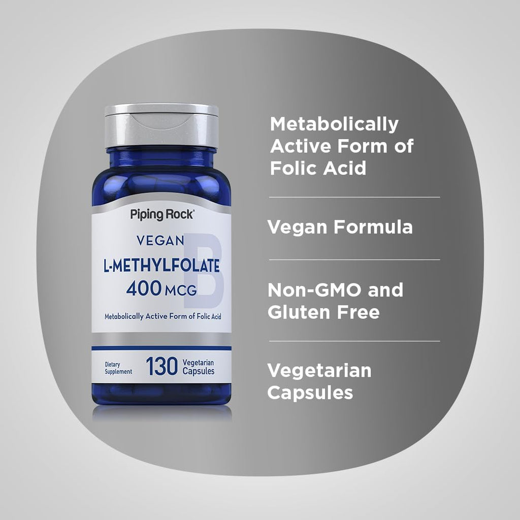 Piping Rock L-Metilfolato Complemento Alimenticio | 400 mcg | 130 Cápsulas | Vegano | Sin Gluten