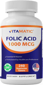 Ácido Fólico 1000 mcg (1 mg) - 240 Comprimidos Vegetarianos - Vitamatic