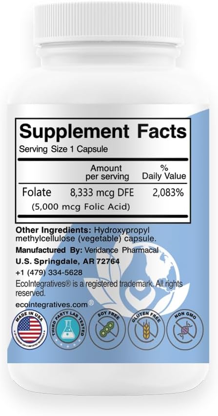 Ácido Fólico 5mg (B9) - Complemento Prenatal y Salud Cardiovascular - 100 Cápsulas Veganas