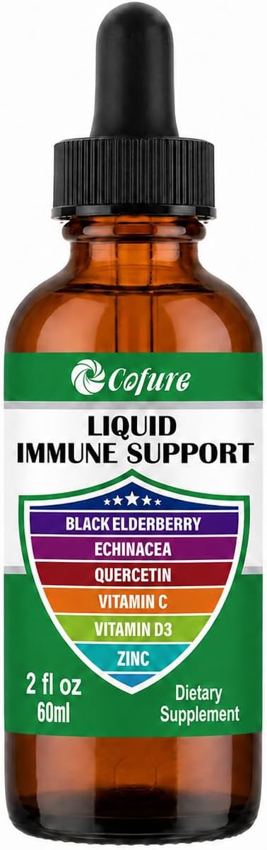 Cofure Zinc Quercetin Vitamina C D3 Líquido con Equinácea y Saúco Ecológicos – Gotas de Defensas para Adultos – Vegano, Sin Gluten – 60 ml (60 dosis)