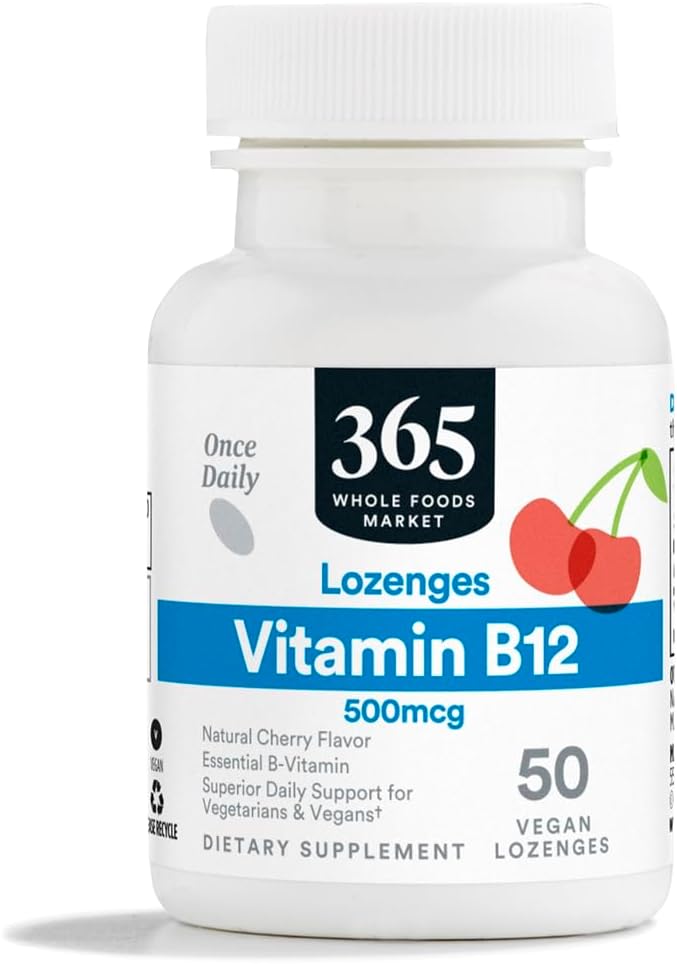 365 by Whole Foods Market, Vitamina B12 500mcg Comprimidos, Sabor Cereza Natural, Vegano, 50 Unidades