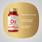 Piping Rock Vitamina D3 5000 UI | 250 Cápsulas Blandas | Complemento Alimenticio de Alta Potencia | No OMG, Sin Gluten