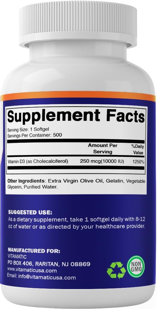 Vitamatic Vitamin D3 10000 IU (250 mcg) - 500 Softgels (Olive Oil Based), Non-GMO, Gluten Free in Cold-Pressed Mini Softgels