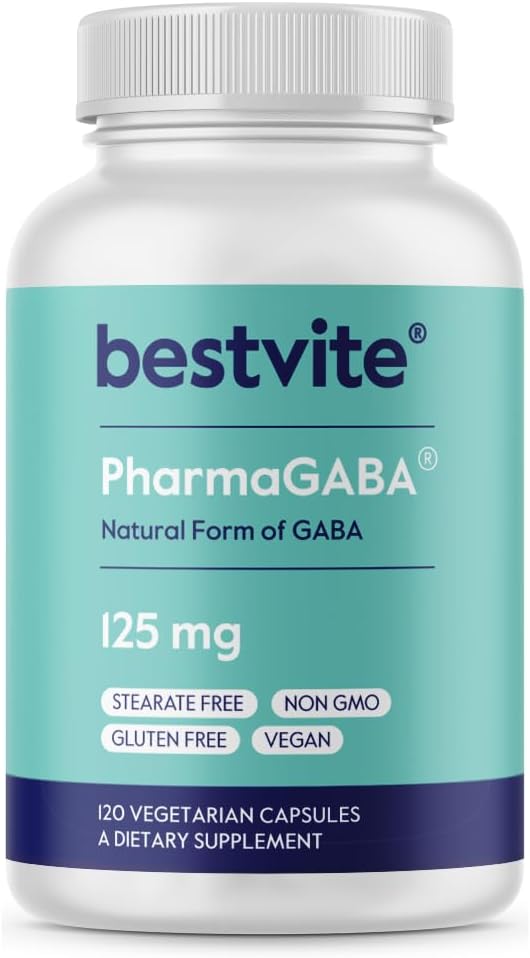 BESTVITE PharmaGABA (120 Cápsulas Vegetales) - Suplemento Natural de GABA - Sin Estearatos - Vegano - No Transgénico - Sin Gluten