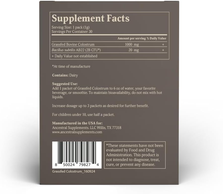 Ancestral Supplements Colostro Bovino en Sobres – 30 sticks – Sabor Natural