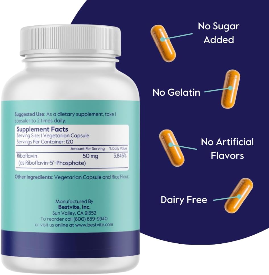 BESTVITE Riboflavin-5-Phosphate 50mg (120 Cápsulas Vegetales) - Sin Estearatos - Vegano - No OGM - Sin Gluten - Forma Bioactiva de Vitamina B2