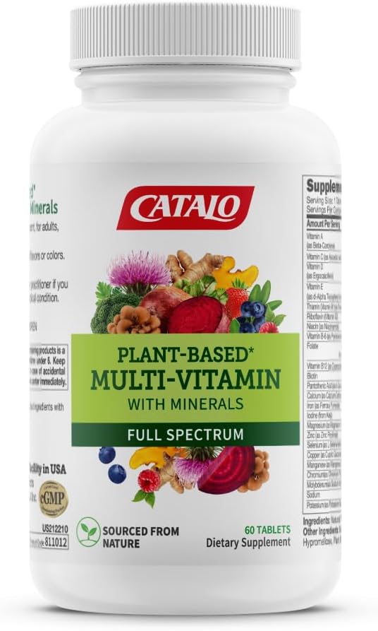 CATALO Multivitamínico para Mujeres y Hombres con Minerales – Fórmula de Origen Vegetal con 25 Vitaminas y Minerales Esenciales, Incluye 39 Frutas, Verduras, Setas y Hierbas – 60 Comprimidos