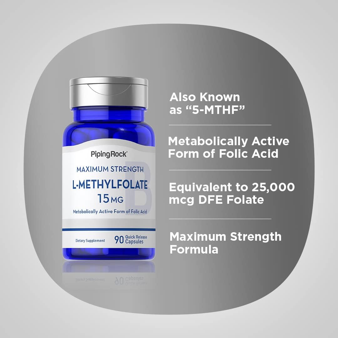 Piping Rock L-Metilfolato 15 mg | 90 Cápsulas | Ácido Fólico Activo | No-GMO, Sin Gluten