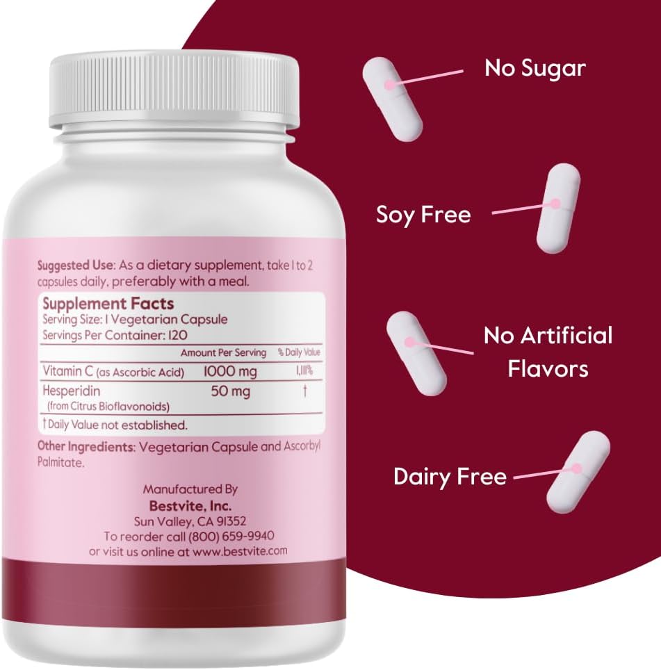 BESTVITE Vitamina C 1000 mg con Bioflavonoides Cítricos - 120 Cápsulas Vegetarianas - Vegano - Sin Gluten - No OGM
