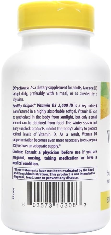 Healthy Origins Vitamina D3 2400 UI – 360 Cápsulas Blandas de Lanolina