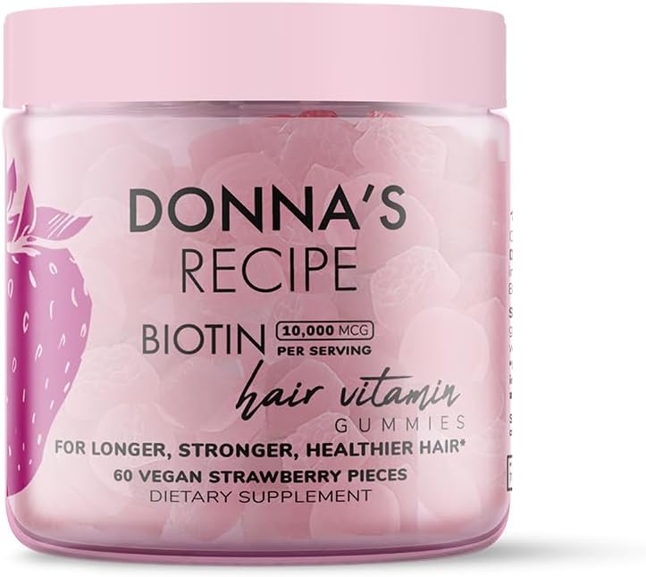 Donna's Recipe Gominolas de Biotina para Cabello, Piel y Uñas – 10.000 mcg – 60 Gominolas Veganas de Fresa