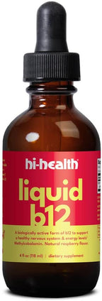 Hi-Health Gotas de Vitamina B12 Líquida, Metilcobalamina, Forma Biológicamente Activa, Sabor Natural a Frambuesa, 118 ml