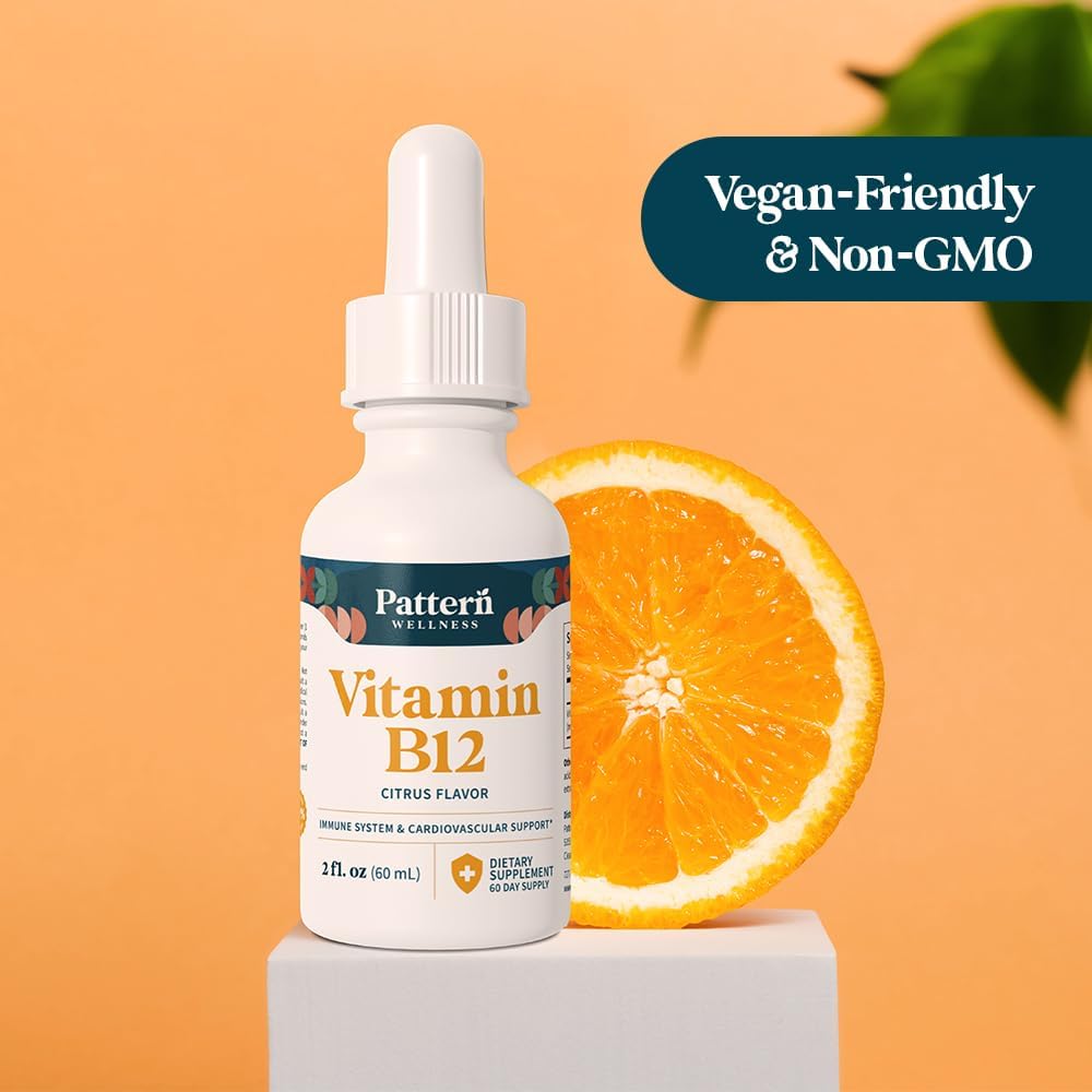 Pattern Wellness Vitamina B12 5000 mcg Gotas Sublinguales - Metilcobalamina, Energía y Sistema Inmunitario - Sabor Cítrico Vegano - 60 mL