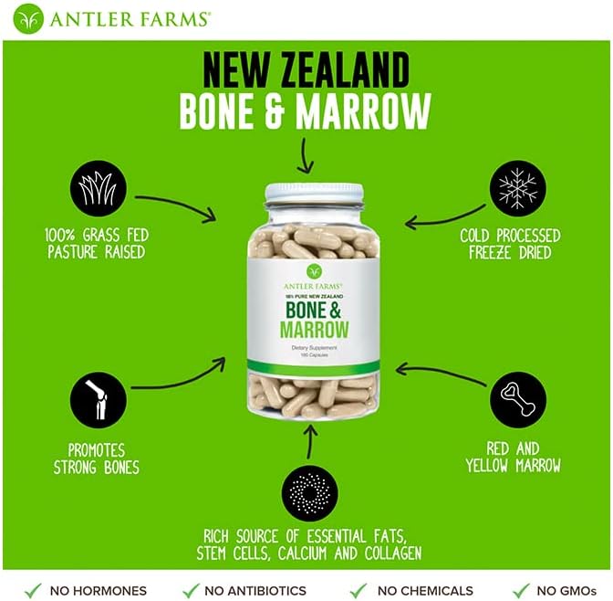 Antler Farms - 100% Hueso y Médula de Nueva Zelanda, 180 Cápsulas, 750mg - Extracto de Hueso Entero de Vacas Alimentadas con Pasto