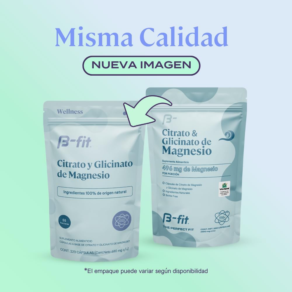 B-FIT B Magnesio Glicinato y Citrato - Apoya el Sueño y la Recuperación Muscular - Vegano - 496 mg - 220 Cápsulas - 2 Meses de Suministro