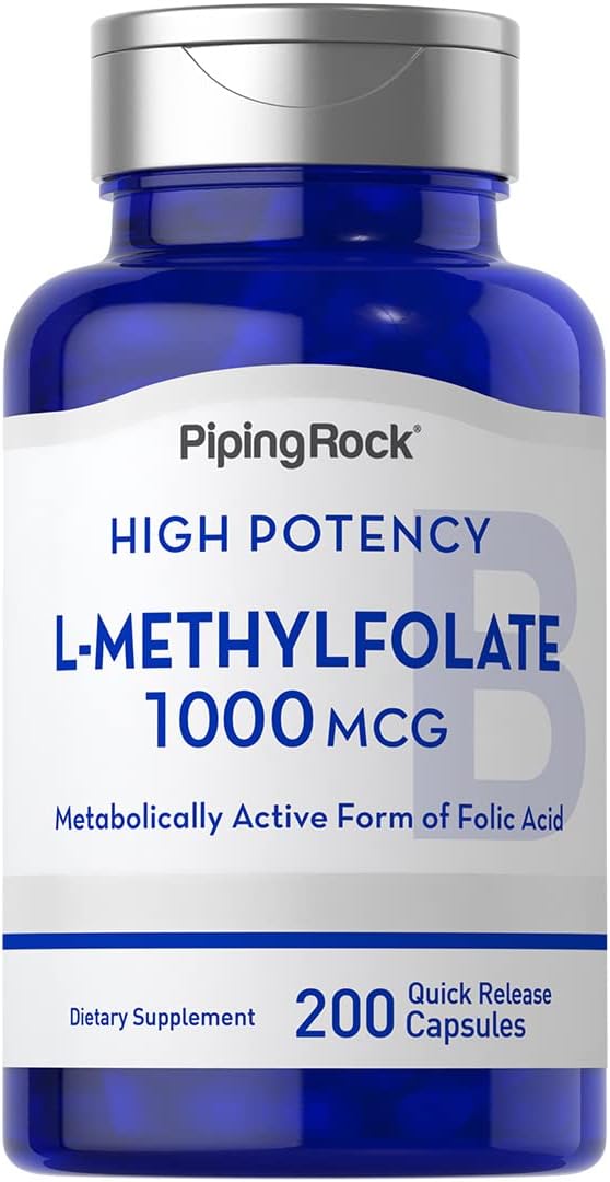 Piping Rock L-Metilfolato 1000 mcg - 200 Cápsulas - Forma Activa de Ácido Fólico - No-GMO, Sin Gluten