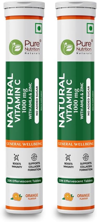 Pure Nutrition Vitamina C y Zinc, 40 Comprimidos Efervescentes (20 x 2), Sabor Naranja, 1000mg Extracto de Amla, Apoya la Piel, Inmunidad y Bienestar Diario para Hombres y Mujeres