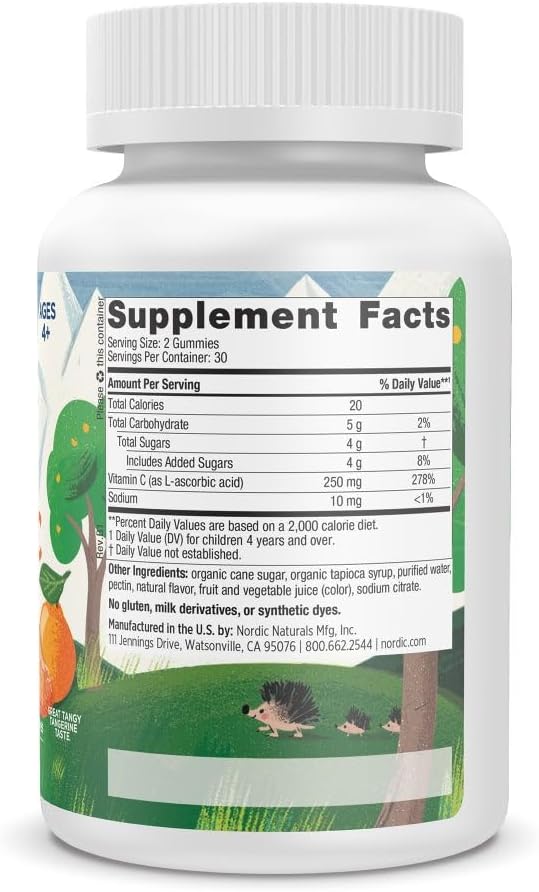 Nordic Naturals Gomitas de Vitamina C para Niños - Sabor Naranja Ácida - 60 gomitas - 250 mg por ración - Vegano