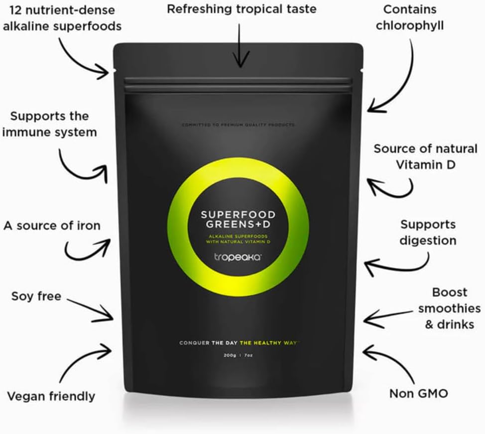 Tropeaka Superfood Greens + D - Polvo Verde Antioxidante para Energía, Sistema Inmunitario y Salud Digestiva