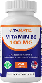 Vitamatic Vitamina B6 (Piridoxina HCl) 100 mg – 250 Comprimidos Vegetarianos – Apoyo Energético y Sistema Nervioso