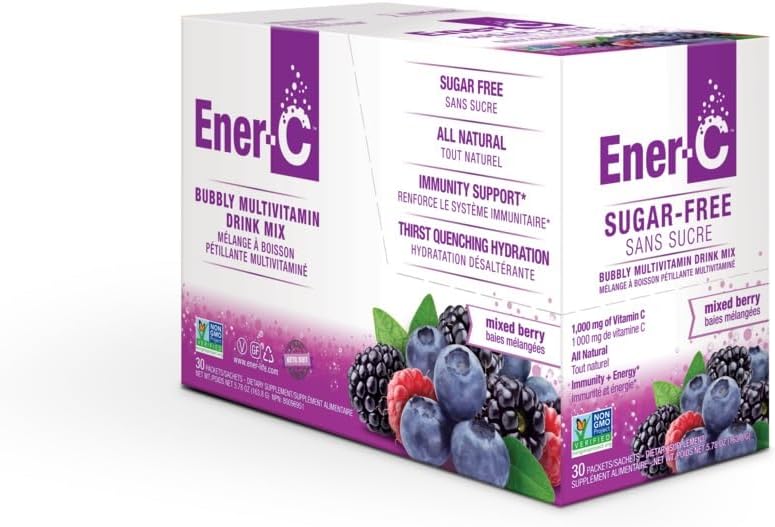 Ener-C Mix de Bebida Multivitamínica Sin Azúcar - Sabor Mixed Berry, 30 Sobres | Polvo de Vitaminas para Agua, Electrolitos, Sin Azúcar, Vitamina C y B12