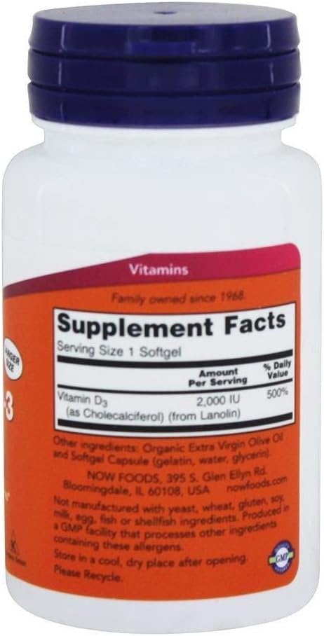 NOW Foods Vitamin D3 2,000 IU (2-Pack 240 Softgels)
