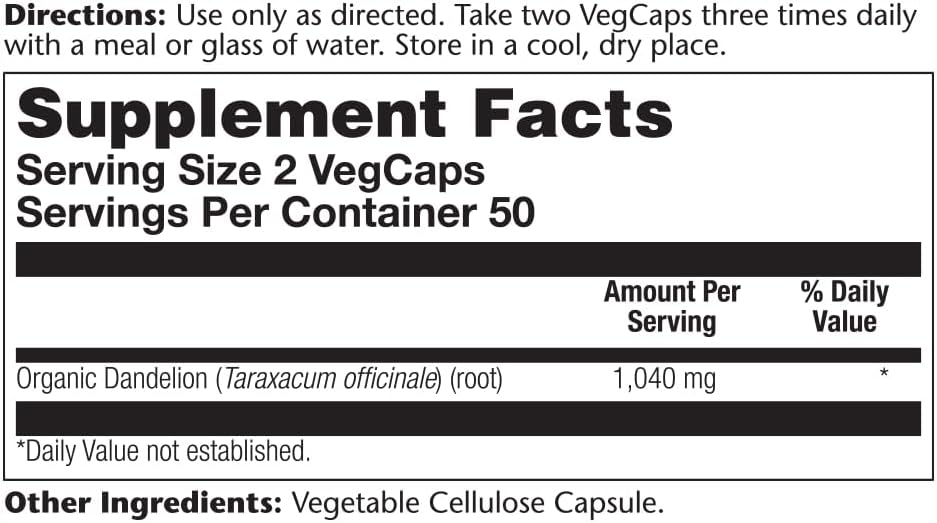 Solaray Raíz de Diente de León Orgánica, 520 mg, 100 Cápsulas