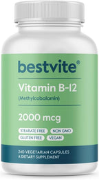 BESTVITE Vitamina B12 (Metilcobalamina) 2000mcg (240 Cápsulas Vegetarianas) - Sin Estearatos - Vegano - No OGM - Sin Gluten