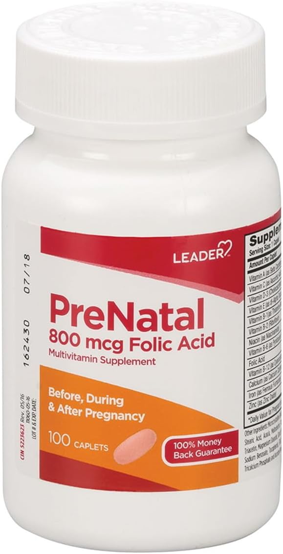 Leader Multivitamínico Prenatal con Ácido Fólico 800 mcg y Hierro, 200 Caplets (2 Envases de 100)