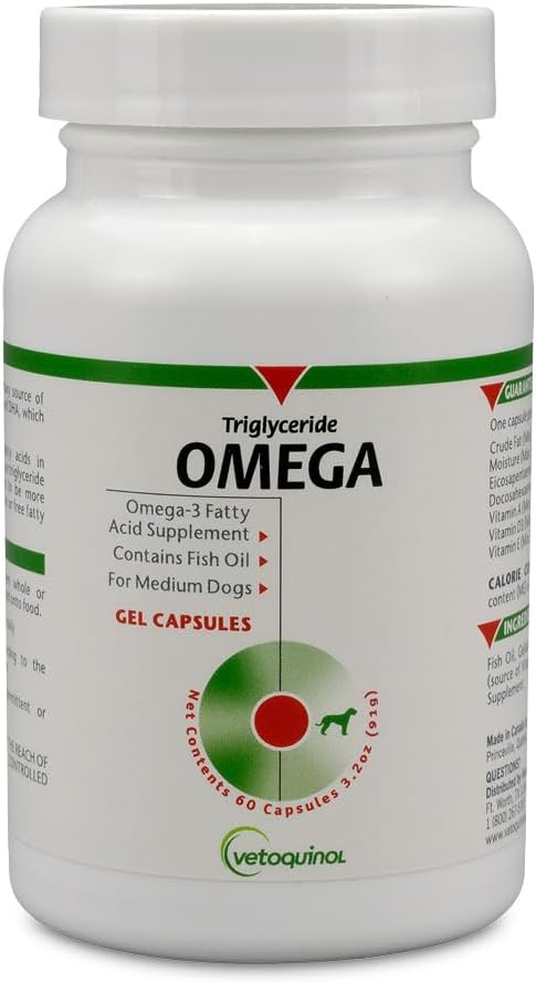 Vetoquinol Triglyceride OMEGA - Aceite de Pescado para Perros y Gatos - 60 Cápsulas