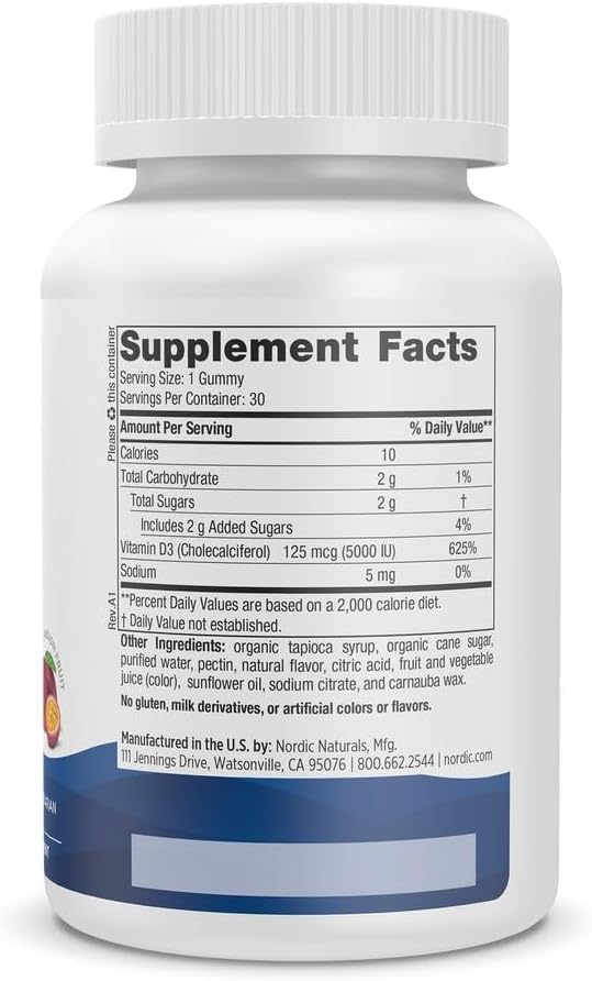 Nordic Naturals Vitamina D3 5000 Gominolas, Sabor Maracuyá - 30 Gominolas - Vegetariano - No-GMO