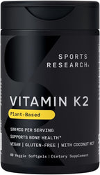 Sports Research Vitamina K2 (como MK-7) 100 mcg con Aceite MCT de Coco - 120 Cápsulas Blandas Veganas (Suministro para 4 Meses)