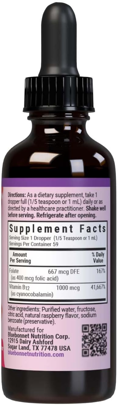 BlueBonnet Nutrition Vitamina B12 Líquida con Ácido Fólico - 1000 mcg - Vegano - Sin Gluten - Sabor Frambuesa - 59 Dosis