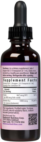 BlueBonnet Nutrition Vitamina B12 Líquida con Ácido Fólico - 1000 mcg - Vegano - Sin Gluten - Sabor Frambuesa - 59 Dosis