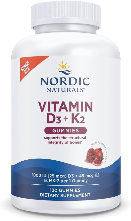 Nordic Naturals Vitamin D3 + K2 Gummies, Pomegranate Flavor - 60 Gummies - 1000 IU D3 + 45 mcg K2