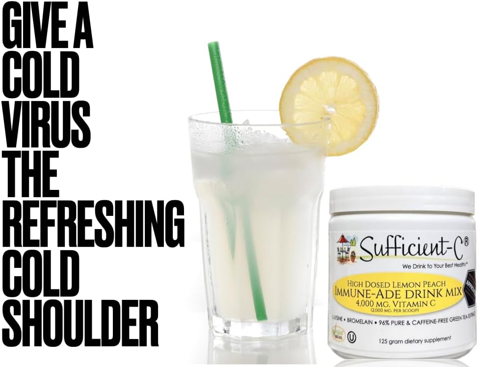 Sufficient-C Mezcla de Bebida Immune-Ade de Vitamina C en Alta Dosis, Sabor Limón y Durazno - 125 gramos, Paquete de 3