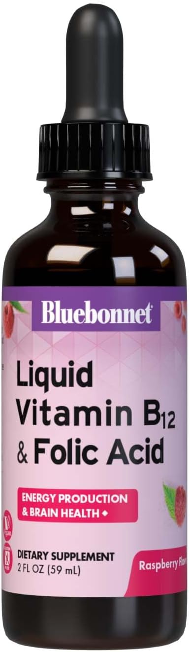 BlueBonnet Nutrition Vitamina B12 Líquida con Ácido Fólico - 1000 mcg - Vegano - Sin Gluten - Sabor Frambuesa - 59 Dosis