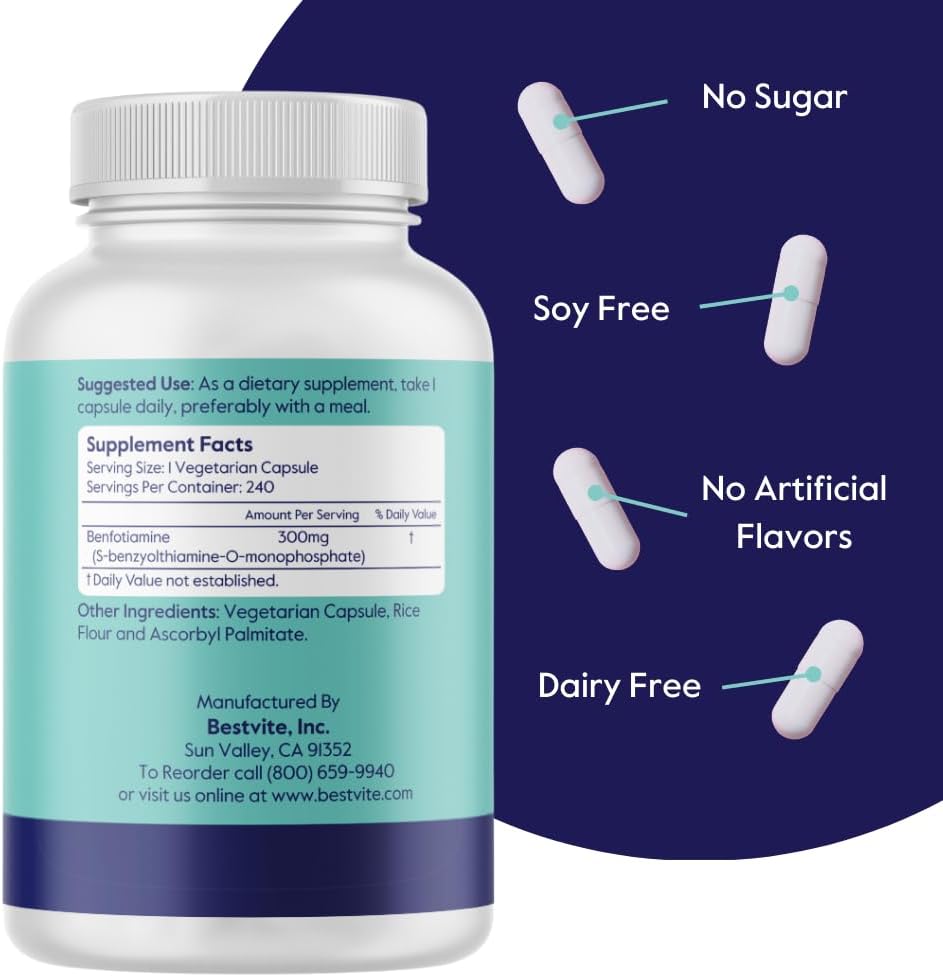 BESTVITE Benfotiamina 300 mg (240 Cápsulas Vegetales) - Sin Estearatos - Vegano - No GMO - Sin Gluten