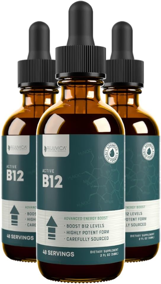 Rejuvica Health Active B-12 Líquido - Suplemento de Vitamina B12 3000 mcg - Gotas de Absorción Rápida - Sin Alcohol, Sin Gluten, Sin Lactosa