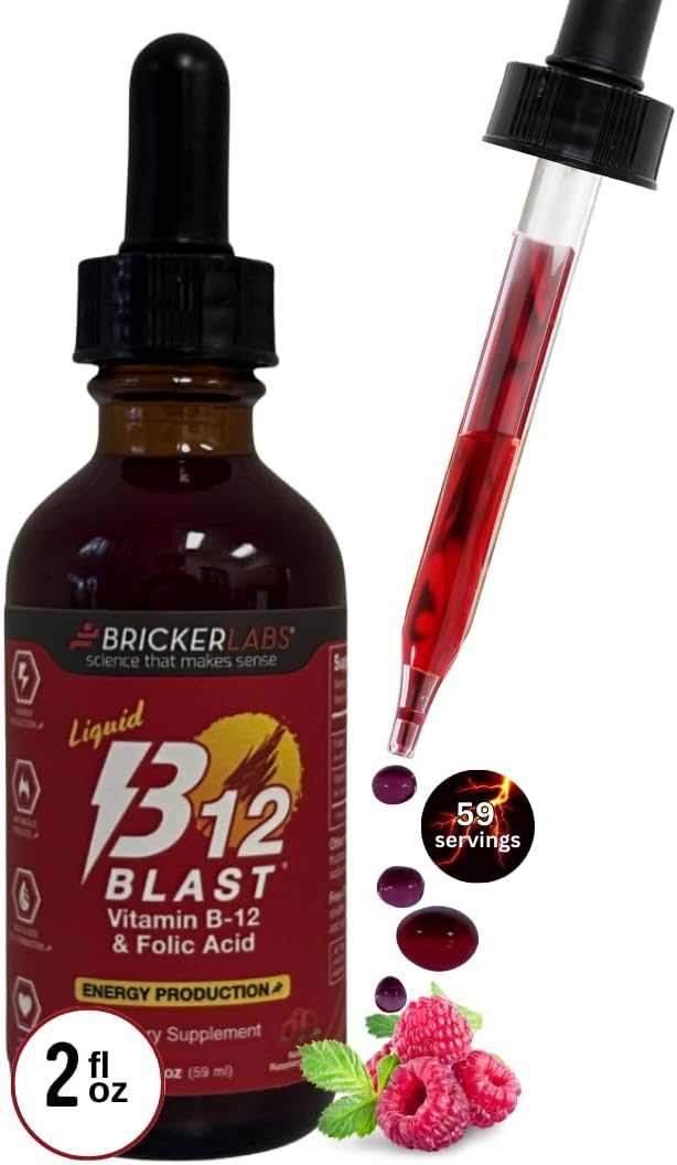 Bricker Labs B-12 Blast Liquid Vitamin B12 and Folic Acid, 59 ml (2 fl oz) - Raspberry Flavor