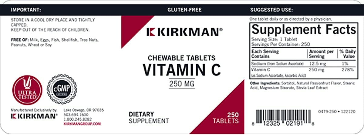 Kirkman Labs Vitamina C 250 mg Chewable Tablets with Stevia - 250 count