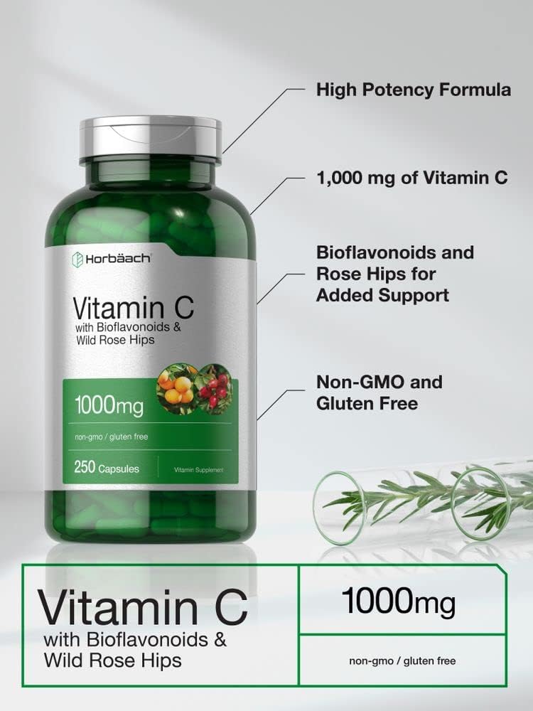 Horbäach Vitamina C 1000 mg con Bioflavonoides y Escaramujo - 250 Cápsulas